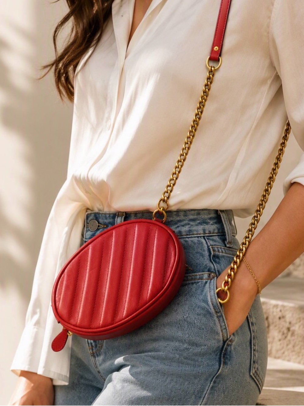 Aritzia Auxiliary Red Quilted Oval Crossbody Bag with Gold Chain Strap